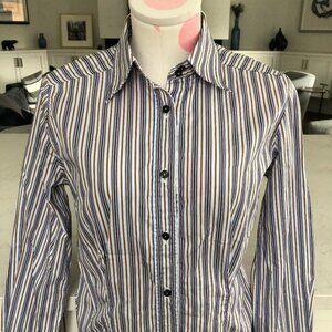 Etro Button Down Striped Italian Made Shirt Blue Wht Gold Sz 8/44 no fabric tag